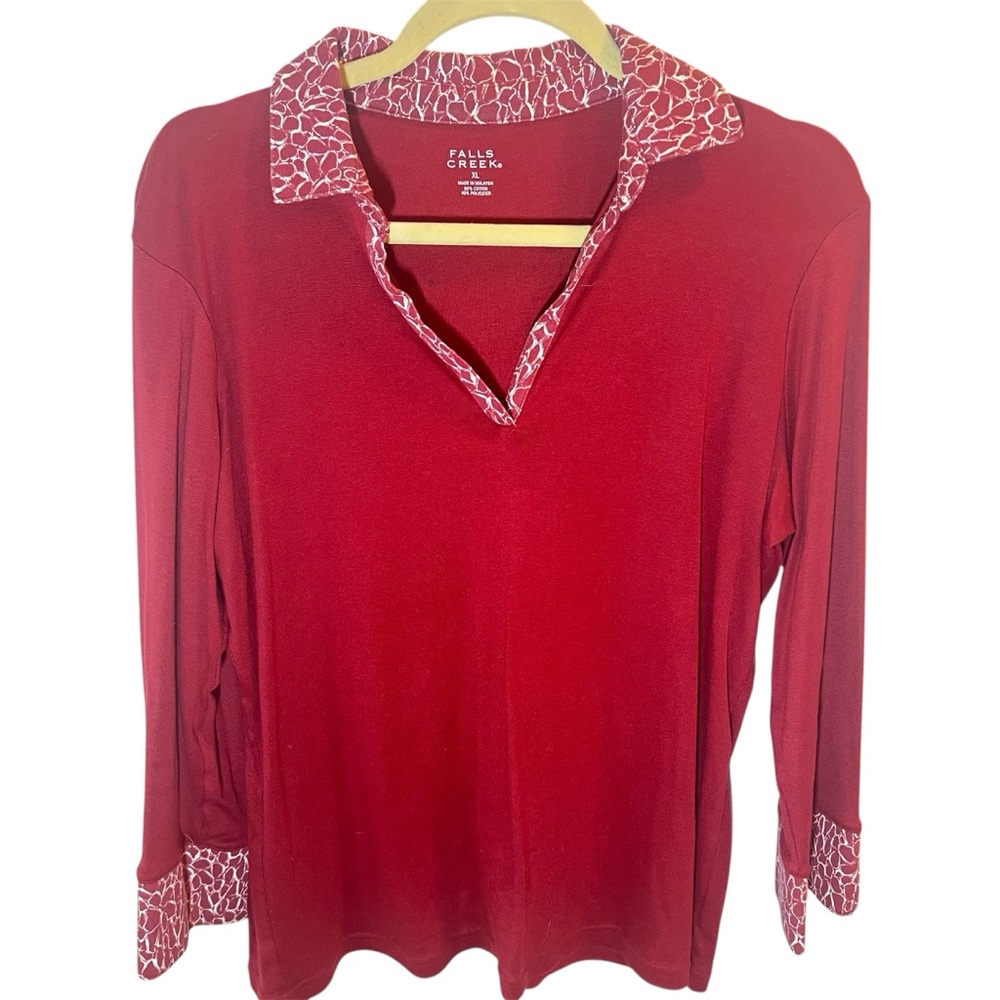 Vintage Rust V-Neck Long Sleeve Top with a Rust/Cream Print Collar & Cuffs XL